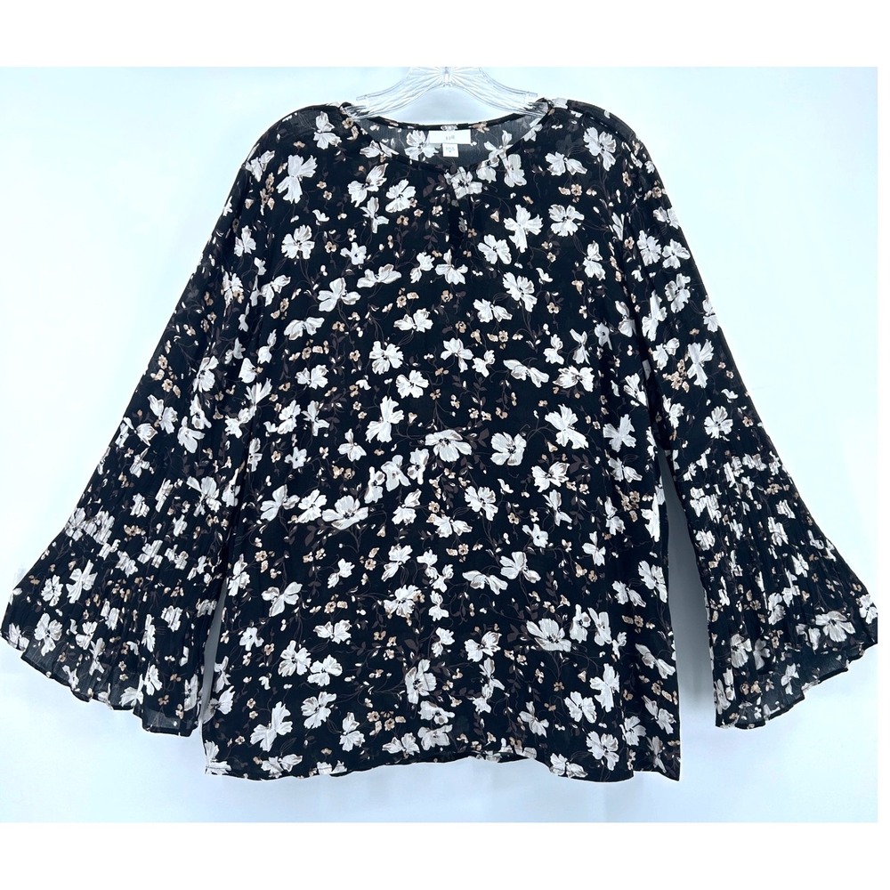 J. Jill Floral Rayon Blouse Black White Tan Pleated Bell Sleeve Top XL Career